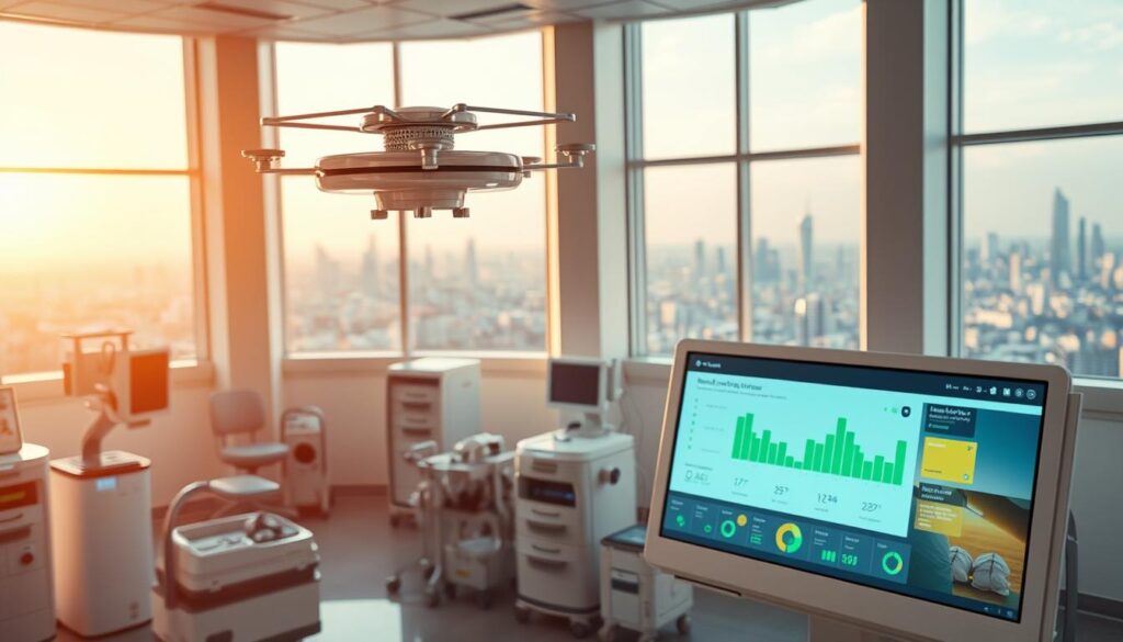 An ultra-high-resolution image of a futuristic smart hospital room, bathed in warm, natural lighting from large windows. In the foreground, a sleek, modern medical device hovers in mid-air, its sensor array continuously monitoring and tracking the location and status of nearby hospital equipment. The middle ground features a neatly organized array of various medical assets, each with smart IoT tags relaying real-time data to a central dashboard displayed on a large touchscreen panel. In the background, a panoramic view of the city skyline is visible through the windows, symbolizing the connection between the hospital's intelligent asset management and the wider smart city infrastructure.