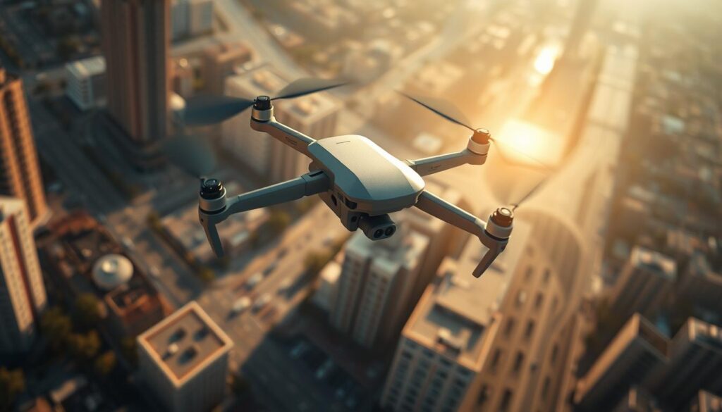 Cinematic scene of a delivery drone soaring over an urban landscape, its LiDAR sensors meticulously mapping the environment in real-time. Precision laser beams sweep across streets and buildings, capturing intricate details that translate into a detailed 3D point cloud. The drone's onboard cameras and GNSS receiver work in tandem, providing additional visual data and positioning information to create a comprehensive, high-definition map. Bathed in warm daylight, the scene conveys a sense of technological prowess and the seamless integration of advanced navigation systems.