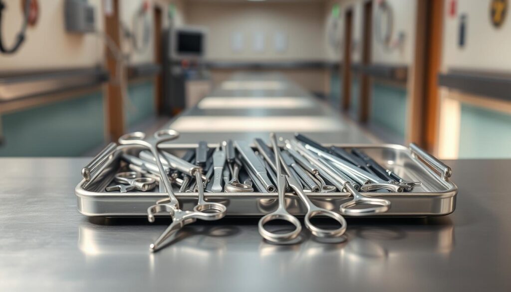 Detailed, realistic photo of a hospital medical equipment tray featuring a variety of RFID-tagged surgical tools and instruments. The tray is placed on a clean, stainless steel surface in a well-lit hospital room. Warm, natural lighting creates soft shadows and highlights the metallic textures. The tools are neatly organized, conveying a sense of order and efficiency in hospital asset management. The overall scene emphasizes the role of RFID technology in reducing lost or misplaced medical equipment, a crucial aspect of modern hospital operations.