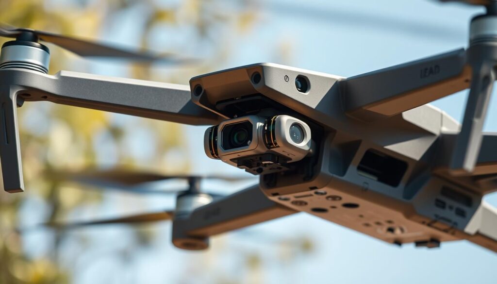 Detailed technical sensors mounted on a cargo drone in mid-air, navigating through a natural daylight environment. Close-up view showcasing a diverse array of lidar, radar, and visual cameras, precisely calibrated to detect and avoid obstacles. The sensors are sleekly integrated into the drone's aerodynamic frame, projecting an atmosphere of advanced technological capability. The image captures the essential components powering the drone's collision avoidance system, conveying the sophistication of the underlying AI-driven safety systems.