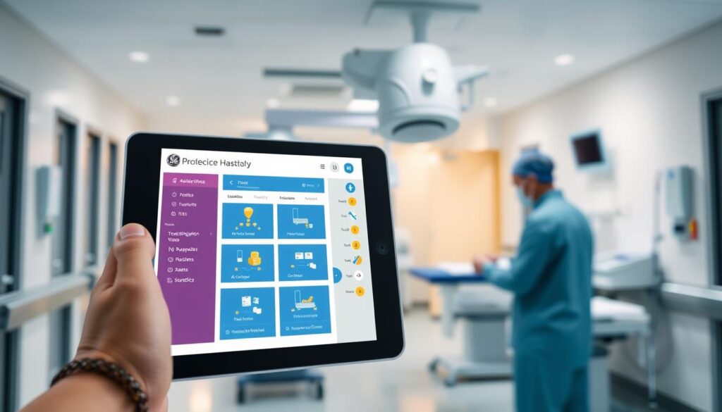 Generate an image of a hospital asset tracking system with GE Healthcare's AssetPlus interface on a tablet.