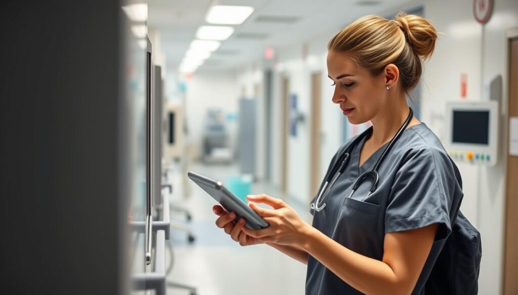 Generate an image of a hospital staff member using a tablet to track medical equipment via Honeywell's RTLS Asset Tracking System.