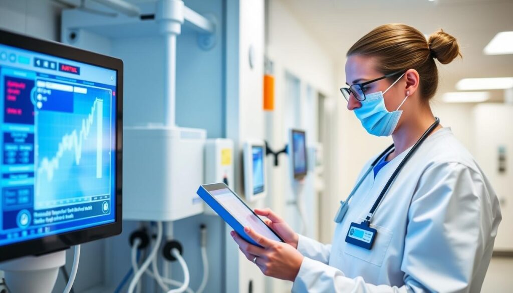 Generate an image of a hospital staff member using a tablet to track medical equipment via CenTrak's RTLS system.