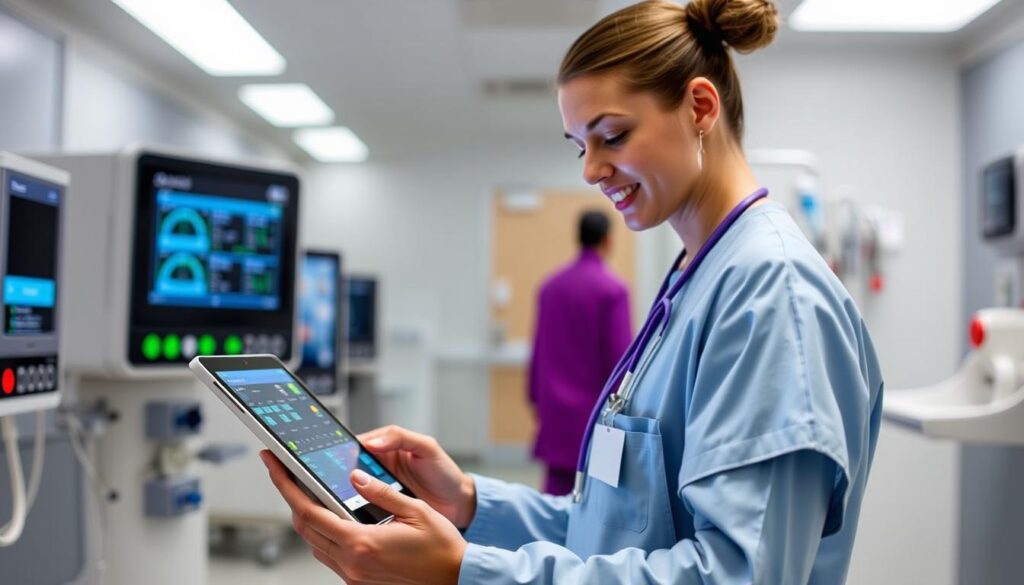 Generate an image of a hospital staff member using a tablet to track medical equipment with Midmark RTLS Asset Management
