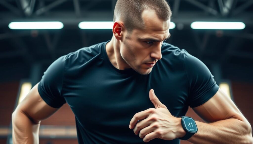 Generate an image of an athlete wearing a wearable AI fatigue monitor device during a training session.