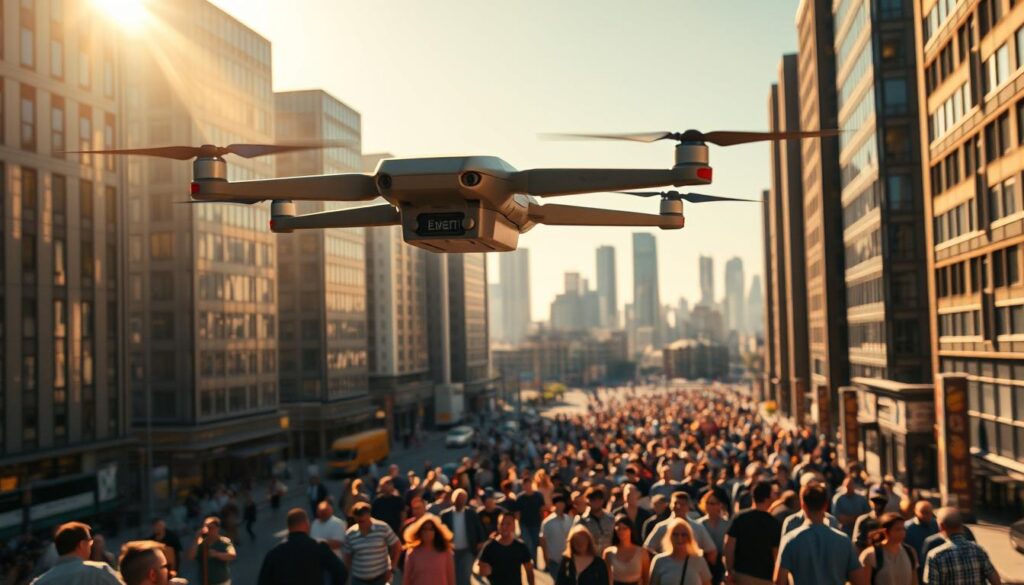 Photorealistic delivery drone hovering above a bustling cityscape, its package box casting a long, dynamic shadow on the streets below. Sunlight filters through high-rise buildings, creating a warm, vibrant atmosphere. In the foreground, the drone's sleek, angular design symbolizes the speed and efficiency of modern logistics. However, in the middle ground, a crowd of pedestrians gazes upward with a mix of awe and concern, hinting at the societal implications and potential risks of this emerging technology. The background cityscape stretches out, suggesting both the vast scale and the complex infrastructure required to deploy such AI-powered delivery systems at scale.