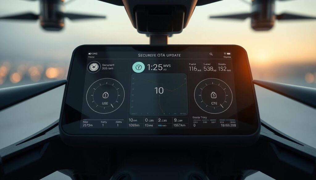 Photorealistic drone control dashboard, showing a secure end-to-end OTA update process in progress. Sleek, modern interface with clean lines and muted tones. Detailed readouts display update status, progress bars, and system diagnostics. Subtle lighting casts a warm glow, creating a sense of reliability and trust. Carefully positioned camera angle provides an immersive, first-person perspective, inviting the viewer to imagine themself as the drone operator overseeing the critical security update. Realistic textures, materials, and shadows enhance the sense of depth and realism.