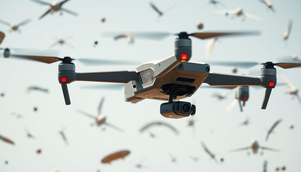 Realistic cargo drone mid-air, maneuvering gracefully to avoid a swarm of obstacles in natural daylight. Sensors and algorithms working in harmony, the drone navigates the cluttered airspace with precision, its sleek design cutting through the air. Intricate details of the drone's structure and propulsion system visible, conveying the technical sophistication of its collision avoidance capabilities. The scene exudes a sense of dynamic movement and the cutting-edge of AI-powered aerial robotics, showcasing the future of cargo drone safety.