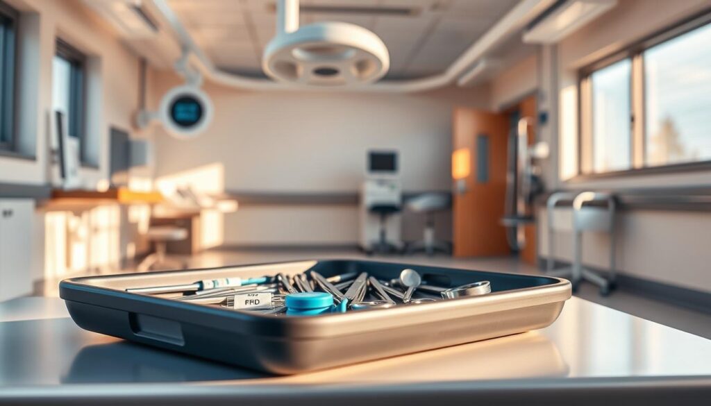 Realistic photo of a hospital ward interior, showcasing a tray of surgical tools and equipment. The tray is equipped with RFID tags, highlighting their use in asset tracking to prevent lost items. The scene is bathed in warm, natural lighting, casting a calming, professional atmosphere. The ward features clean, modern medical equipment and furnishings, creating an environment focused on efficiency and patient care. The overall image conveys the importance of RFID technology in improving hospital operations and reducing asset loss.