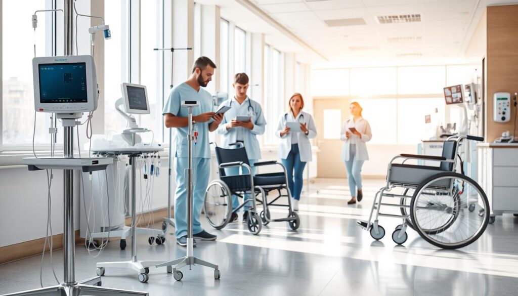 Realistic photo of a modern hospital ward, bathed in bright, natural lighting filtering in through large windows. In the foreground, various medical equipment such as IV stands, monitors, and wheelchairs are tagged with small, discreet Bluetooth Low Energy (BLE) tracking devices. The tags are seamlessly integrated, blending into the equipment's design. In the middle ground, hospital staff move efficiently, consulting tablet devices that display the real-time location and status of the tagged assets. The background reveals a clean, organized workspace, with medical supplies and technology harmoniously integrated into the clinical environment.