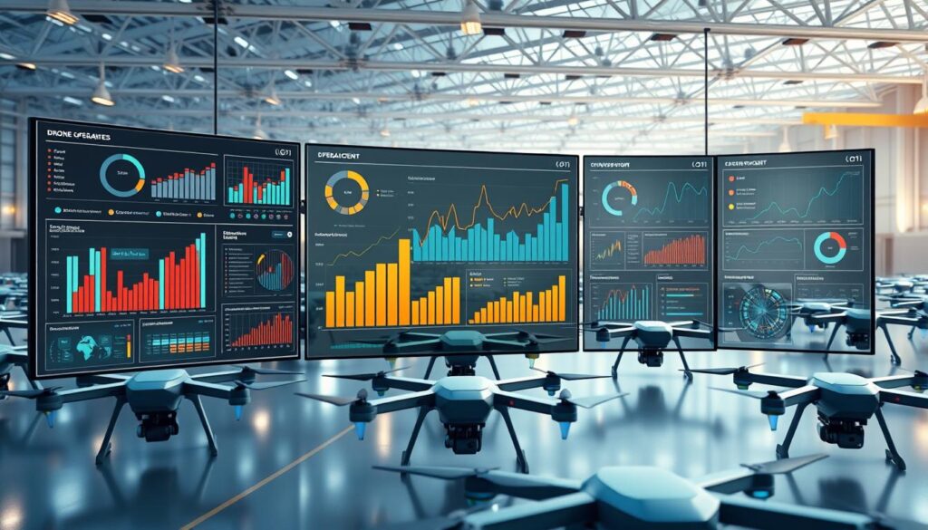 photorealistic 3D rendering of an expansive KPI dashboard for a drone operations center, with a sleek and modern design featuring multiple high-resolution digital displays showcasing real-time data analytics on drone fleet performance, operational efficiency, and key logistics metrics; the dashboard is set against the backdrop of a well-lit, technologically-advanced depot filled with a fleet of delivery drones, conveying a sense of efficiency, precision, and technological sophistication for smart logistics management