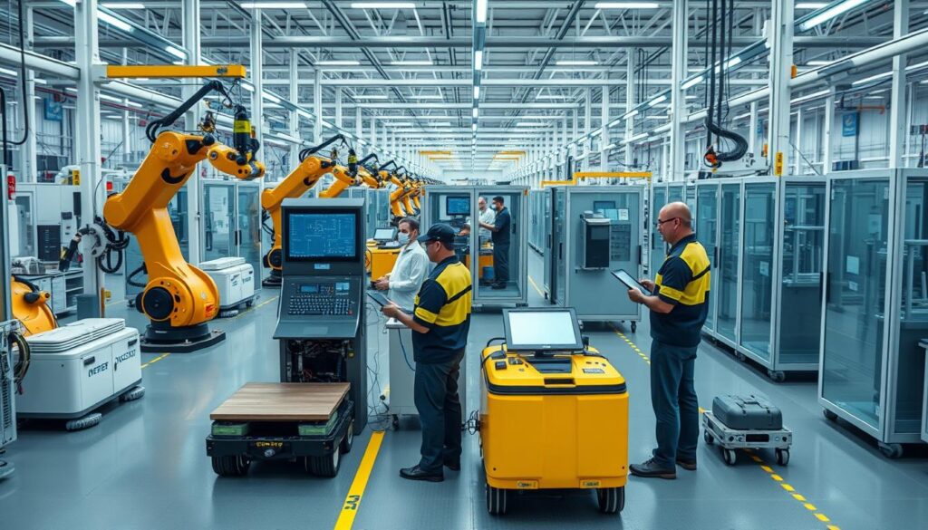 Modern Smart Manufacturing Factory with robotic arms and digital interfaces