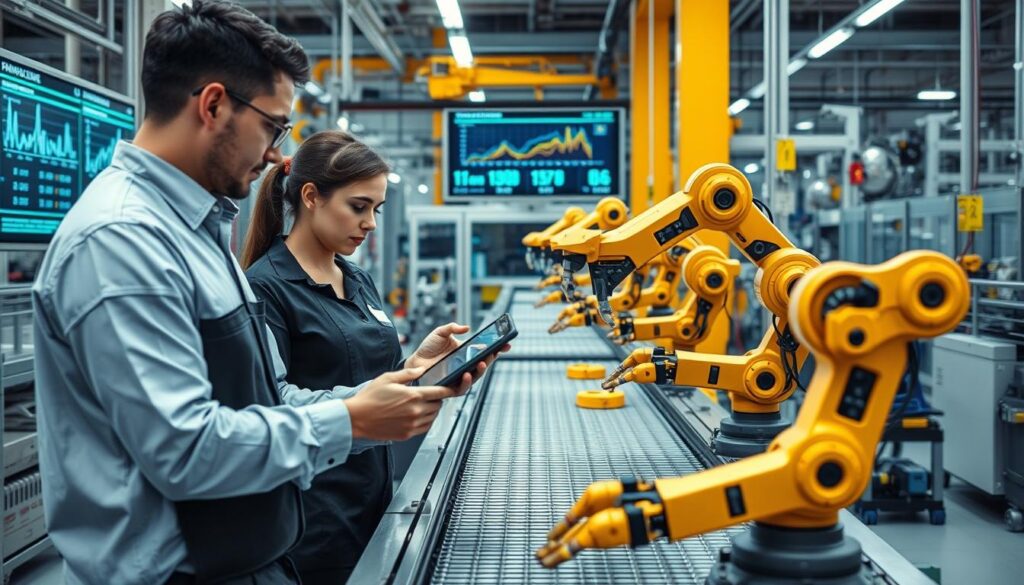 Workers collaborating with robots in a Smart Manufacturing Factory