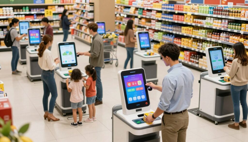 A modern supermarket filled with customers engaging with advanced self-checkout kiosks. In the foreground, a young professional man in smart casual attire is scanning items at a sleek, high-tech kiosk, which displays vibrant graphics and an intuitive interface. The middle ground features a diverse group of shoppers, including a woman in business attire supervising her children as they interact with digital displays. The background showcases an array of automated robotic carts moving through the aisles, delivering products efficiently. The lighting is bright and inviting, with warm tones accentuating the clean, modern design of the retail space. The atmosphere conveys innovation and convenience, emphasizing a smooth and automated smart billing process that enhances the shopping experience at peak hours. A modern supermarket filled with customers engaging with advanced self-checkout kiosks. In the foreground, a young professional man in smart casual attire is scanning items at a sleek, high-tech kiosk, which displays vibrant graphics and an intuitive interface. The middle ground features a diverse group of shoppers, including a woman in business attire supervising her children as they interact with digital displays. The background showcases an array of automated robotic carts moving through the aisles, delivering products efficiently. The lighting is bright and inviting, with warm tones accentuating the clean, modern design of the retail space. The atmosphere conveys innovation and convenience, emphasizing a smooth and automated smart billing process that enhances the shopping experience at peak hours.