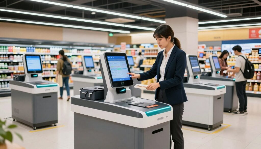 A modern supermarket interior featuring a sleek self-checkout kiosk in the foreground. A customer, dressed in professional business attire, stands confidently at the kiosk, engaged in scanning items with a focused expression. The middle ground showcases several additional kiosks, each equipped with touch screens and integrated bagging areas, highlighting the automated checkout process. In the background, bright LED lighting illuminates the store, creating a welcoming atmosphere filled with shoppers interacting with automated systems. The angle captures the scene from a slightly elevated perspective, emphasizing the efficiency of the checkout automation and allowing viewers to feel immersed in this innovative retail environment. The overall mood is vibrant and tech-forward, symbolizing progress in retail technology. A modern supermarket interior featuring a sleek self-checkout kiosk in the foreground. A customer, dressed in professional business attire, stands confidently at the kiosk, engaged in scanning items with a focused expression. The middle ground showcases several additional kiosks, each equipped with touch screens and integrated bagging areas, highlighting the automated checkout process. In the background, bright LED lighting illuminates the store, creating a welcoming atmosphere filled with shoppers interacting with automated systems. The angle captures the scene from a slightly elevated perspective, emphasizing the efficiency of the checkout automation and allowing viewers to feel immersed in this innovative retail environment. The overall mood is vibrant and tech-forward, symbolizing progress in retail technology.