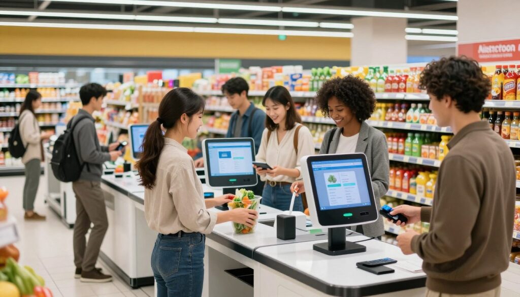 A modern supermarket scene showcasing the efficiency of automated checkout processes. In the foreground, a diverse group of satisfied customers is using sleek self-checkout kiosks, dressed in professional business attire and modest casual clothing. One customer is happily scanning groceries, while another is confirming their payment. The middle layer features colorful product displays and neatly organized checkout area designed for smooth flow, highlighting the convenience of smart billing systems. In the background, bright lighting illuminates the store's interior, enhancing the vibrant atmosphere. The scene captures a sense of speed and satisfaction as queues are minimized, symbolizing the benefits of AI in retail. The overall mood is optimistic and efficient, reflecting a harmonious blend of technology and retail shopping. A modern supermarket scene showcasing the efficiency of automated checkout processes. In the foreground, a diverse group of satisfied customers is using sleek self-checkout kiosks, dressed in professional business attire and modest casual clothing. One customer is happily scanning groceries, while another is confirming their payment. The middle layer features colorful product displays and neatly organized checkout area designed for smooth flow, highlighting the convenience of smart billing systems. In the background, bright lighting illuminates the store's interior, enhancing the vibrant atmosphere. The scene captures a sense of speed and satisfaction as queues are minimized, symbolizing the benefits of AI in retail. The overall mood is optimistic and efficient, reflecting a harmonious blend of technology and retail shopping.