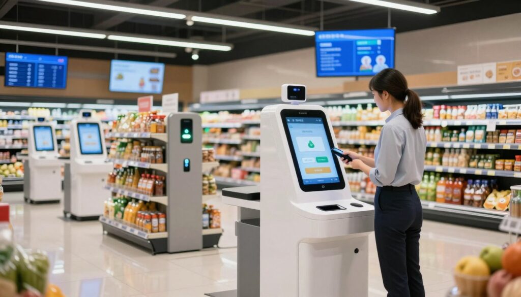 A modern supermarket self-checkout area showcasing cutting-edge AI and IoT technologies. In the foreground, a customer in professional attire stands at a sleek, futuristic self-checkout kiosk, scanning groceries with a smart handheld device. The kiosk features an intuitive touchscreen interface displaying seamless payment options. In the middle ground, rows of smart shelves are equipped with sensors, lighting up to indicate product availability. The background includes digital display panels showing real-time inventory data and customer assistance options. The scene is well-lit with ambient overhead lighting, creating a welcoming atmosphere. Soft reflections on the polished floor enhance the high-tech feel, while the overall mood is efficient and innovative, capturing the essence of smart retail checkout automation. A modern supermarket self-checkout area showcasing cutting-edge AI and IoT technologies. In the foreground, a customer in professional attire stands at a sleek, futuristic self-checkout kiosk, scanning groceries with a smart handheld device. The kiosk features an intuitive touchscreen interface displaying seamless payment options. In the middle ground, rows of smart shelves are equipped with sensors, lighting up to indicate product availability. The background includes digital display panels showing real-time inventory data and customer assistance options. The scene is well-lit with ambient overhead lighting, creating a welcoming atmosphere. Soft reflections on the polished floor enhance the high-tech feel, while the overall mood is efficient and innovative, capturing the essence of smart retail checkout automation.