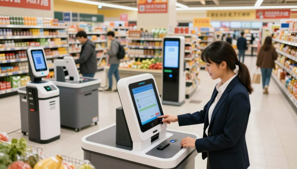 A vibrant and realistic supermarket scene showcasing the evolution of retail automation. In the foreground, a satisfied customer, dressed in professional business attire, interacts with a sleek modern self-checkout kiosk, scanning groceries with ease. The middle ground features a variety of automated checkout solutions, including mobile payments and robotic assistants guiding shoppers. In the background, traditional checkout lanes are visible, highlighting a contrast between past and present technologies. Soft, warm lighting creates an inviting atmosphere, while a wide-angle lens captures the bustling aisles filled with shoppers. The overall mood conveys innovation and convenience, emphasizing the progressive integration of AI in retail automation to streamline the shopping experience and reduce long billing queues. A vibrant and realistic supermarket scene showcasing the evolution of retail automation. In the foreground, a satisfied customer, dressed in professional business attire, interacts with a sleek modern self-checkout kiosk, scanning groceries with ease. The middle ground features a variety of automated checkout solutions, including mobile payments and robotic assistants guiding shoppers. In the background, traditional checkout lanes are visible, highlighting a contrast between past and present technologies. Soft, warm lighting creates an inviting atmosphere, while a wide-angle lens captures the bustling aisles filled with shoppers. The overall mood conveys innovation and convenience, emphasizing the progressive integration of AI in retail automation to streamline the shopping experience and reduce long billing queues.