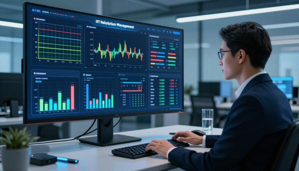 A high-tech IoT device management interface, featuring an advanced utility control center with multiple screens displaying real-time grid load, voltage metrics, and demand analytics dashboards. In the foreground, a professional technician, wearing a smart business outfit, is interacting with a touch-screen panel, monitoring data. In the middle, vibrant graphs and charts are dynamically illustrating the energy flow and anomalies. The background showcases a sleek, modern office with ambient blue lighting and sophisticated electronic devices, emphasizing innovation in energy monitoring. The atmosphere is focused yet dynamic, embodying cutting-edge technology and efficiency, captured with a medium-angle lens for clarity and depth. A high-tech IoT device management interface, featuring an advanced utility control center with multiple screens displaying real-time grid load, voltage metrics, and demand analytics dashboards. In the foreground, a professional technician, wearing a smart business outfit, is interacting with a touch-screen panel, monitoring data. In the middle, vibrant graphs and charts are dynamically illustrating the energy flow and anomalies. The background showcases a sleek, modern office with ambient blue lighting and sophisticated electronic devices, emphasizing innovation in energy monitoring. The atmosphere is focused yet dynamic, embodying cutting-edge technology and efficiency, captured with a medium-angle lens for clarity and depth.