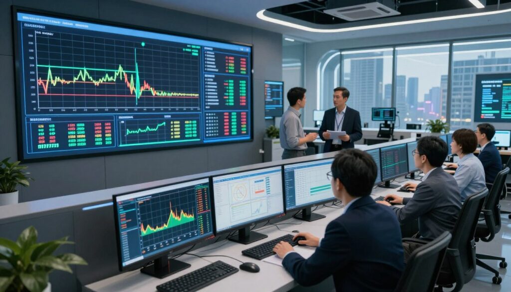 A modern utility control center featuring a large digital dashboard displaying real-time data on energy grid load and voltage. In the foreground, sleek monitors with colorful graphs and numerical data provide an analytical overview. The middle ground showcases engineers in professional business attire, actively discussing insights while analyzing the data. The background reveals a futuristic room filled with advanced technology, large windows revealing a city skyline, softly illuminated by ambient lighting that enhances a high-tech atmosphere. The scene captures a sense of urgency and professionalism, highlighting the importance of real-time monitoring in energy management. The image is presented from a slightly elevated angle, showcasing both the dashboard and the engaged team. A modern utility control center featuring a large digital dashboard displaying real-time data on energy grid load and voltage. In the foreground, sleek monitors with colorful graphs and numerical data provide an analytical overview. The middle ground showcases engineers in professional business attire, actively discussing insights while analyzing the data. The background reveals a futuristic room filled with advanced technology, large windows revealing a city skyline, softly illuminated by ambient lighting that enhances a high-tech atmosphere. The scene captures a sense of urgency and professionalism, highlighting the importance of real-time monitoring in energy management. The image is presented from a slightly elevated angle, showcasing both the dashboard and the engaged team.
