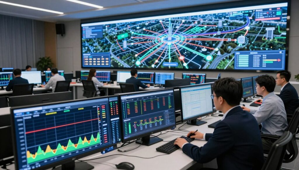 A modern utility control center showcasing a sleek, high-tech environment focused on real-time smart grid data monitoring. In the foreground, display large digital dashboards with vibrant graphs illustrating grid load, voltage levels, and demand analytics in bright colors. The middle layer features professional technicians, dressed in business attire, intently analyzing the data on various screens and discussing insights. In the background, an expansive room filled with LED screens, showing a detailed map of the energy grid network, interconnected IoT devices, and power lines, all under soft, ambient lighting that creates a focused yet dynamic atmosphere. The angle should provide a wide view that captures the complexity of the workspace while emphasizing the integration of technology and teamwork in smart voltage monitoring. A modern utility control center showcasing a sleek, high-tech environment focused on real-time smart grid data monitoring. In the foreground, display large digital dashboards with vibrant graphs illustrating grid load, voltage levels, and demand analytics in bright colors. The middle layer features professional technicians, dressed in business attire, intently analyzing the data on various screens and discussing insights. In the background, an expansive room filled with LED screens, showing a detailed map of the energy grid network, interconnected IoT devices, and power lines, all under soft, ambient lighting that creates a focused yet dynamic atmosphere. The angle should provide a wide view that captures the complexity of the workspace while emphasizing the integration of technology and teamwork in smart voltage monitoring.
