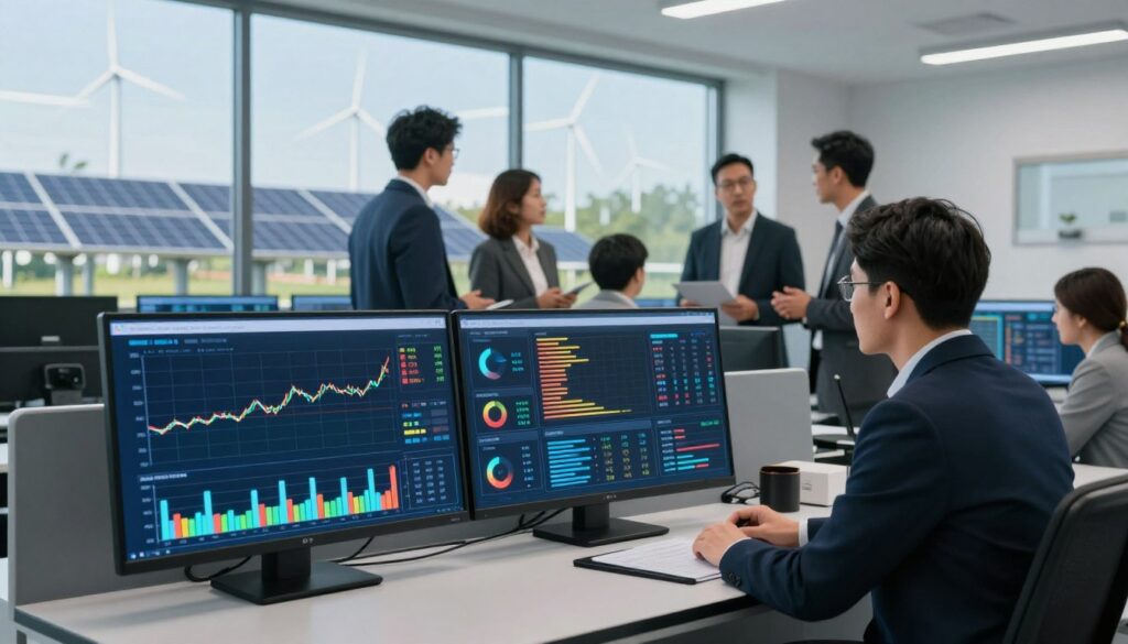 A modern utility control center showcasing smart metering technology and connectivity benefits. In the foreground, a sleek digital dashboard displays real-time analytics of grid load and voltage, featuring colorful graphs and metrics. In the middle ground, a diverse team of professionals, dressed in business attire, engages in discussion while examining the data. The background reveals large windows with a view of solar panels and wind turbines, emphasizing renewable energy integration. The lighting is bright and dynamic, creating an atmosphere of innovation and efficiency. The perspective is slightly angled, capturing both the detailed dashboard and the collaborative environment, illustrating the synergy between technology and teamwork in enhancing energy efficiency. A modern utility control center showcasing smart metering technology and connectivity benefits. In the foreground, a sleek digital dashboard displays real-time analytics of grid load and voltage, featuring colorful graphs and metrics. In the middle ground, a diverse team of professionals, dressed in business attire, engages in discussion while examining the data. The background reveals large windows with a view of solar panels and wind turbines, emphasizing renewable energy integration. The lighting is bright and dynamic, creating an atmosphere of innovation and efficiency. The perspective is slightly angled, capturing both the detailed dashboard and the collaborative environment, illustrating the synergy between technology and teamwork in enhancing energy efficiency.