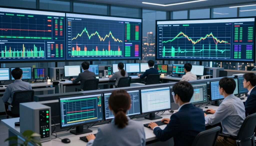 An advanced utility control center filled with large screens displaying real-time energy grid load data and voltage analytics. In the foreground, a diverse group of professionals in business attire collaborates, pointing at colorful graphs indicating grid performance and stability. The middle layer features sleek, modern workstations, each equipped with intricate monitoring devices and LED indicators, suggesting high-tech operations. In the background, large windows showcase a cityscape at dusk, with subtle lighting that contrasts the vibrant activity inside. The atmosphere is focused and energetic, enhanced by blue and green lighting to symbolize technology and sustainability, capturing the essence of infrastructure security and operational resilience in energy management. An advanced utility control center filled with large screens displaying real-time energy grid load data and voltage analytics. In the foreground, a diverse group of professionals in business attire collaborates, pointing at colorful graphs indicating grid performance and stability. The middle layer features sleek, modern workstations, each equipped with intricate monitoring devices and LED indicators, suggesting high-tech operations. In the background, large windows showcase a cityscape at dusk, with subtle lighting that contrasts the vibrant activity inside. The atmosphere is focused and energetic, enhanced by blue and green lighting to symbolize technology and sustainability, capturing the essence of infrastructure security and operational resilience in energy management.