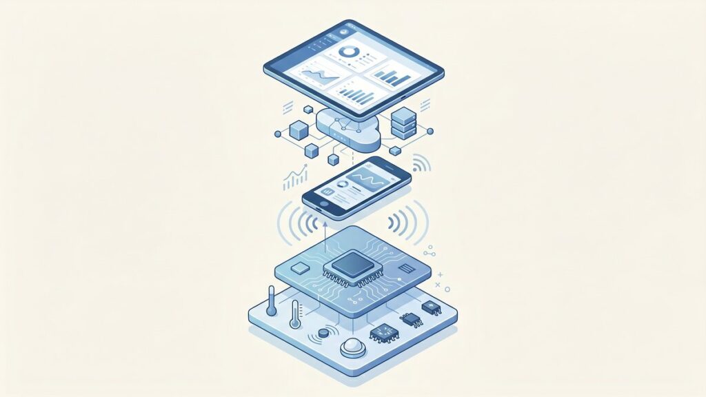 Six-layer IoT product architecture diagram showing sensor, firmware, wireless, mobile, cloud, and analytics layers