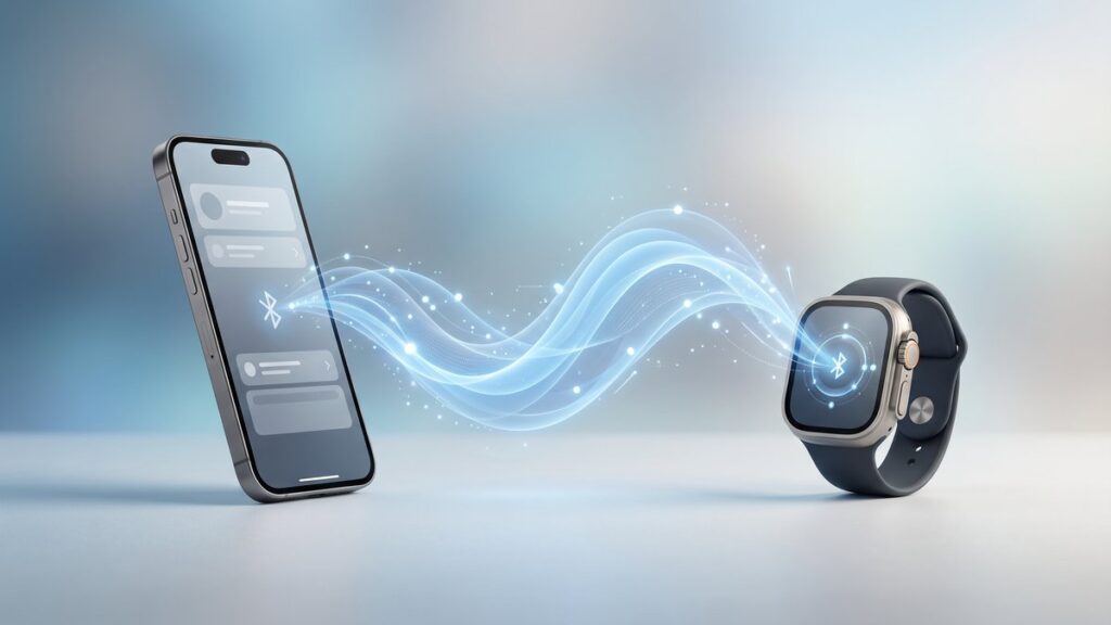 Bluetooth Low Energy waves connecting a smart wearable device to a smartphone