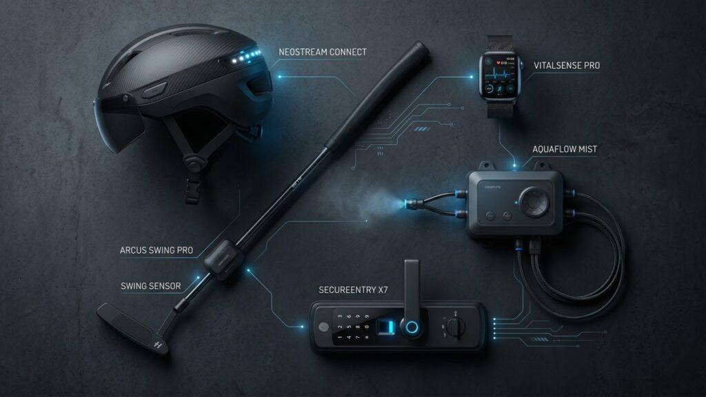 Connected products across industries: smart helmet, wearable health device, misting system, golf putter sensor, and smart lock