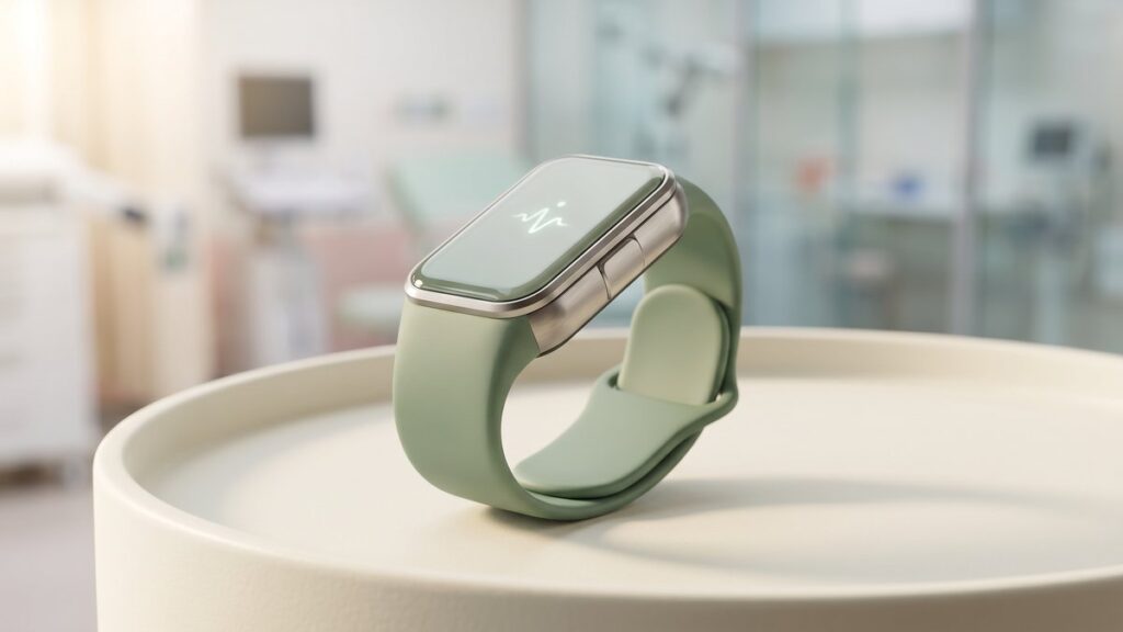  Finished elegant connected health wearable device on a clean modern surface in a clinical setting