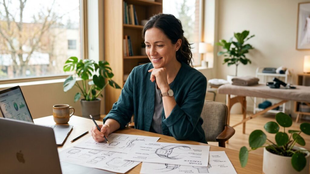 Healthcare practitioner sketching ideas for a connected wearable medical device at a sunlit desk