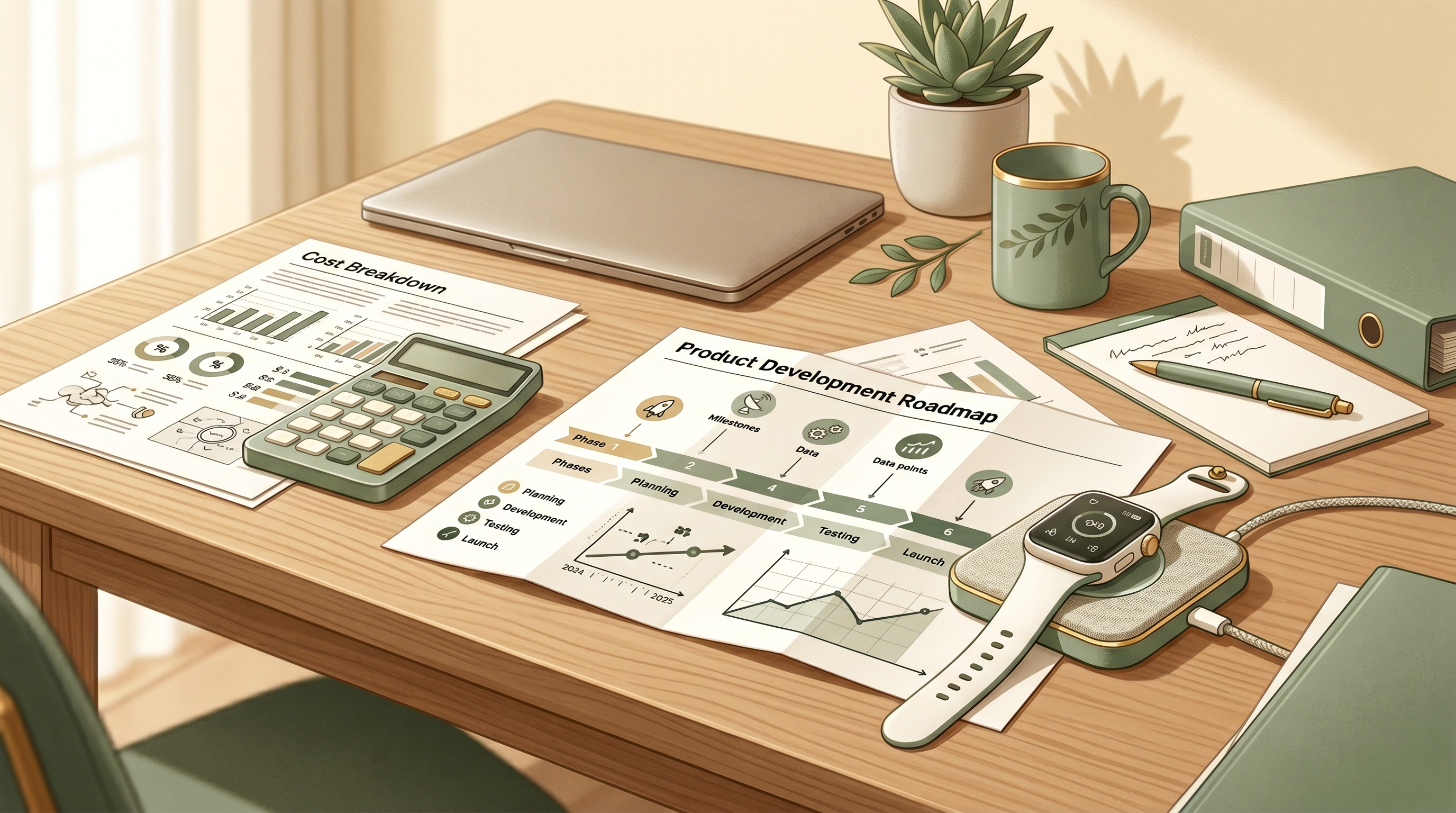 Hardware product investment planning desk with cost breakdown documents charts and a smart wearable device