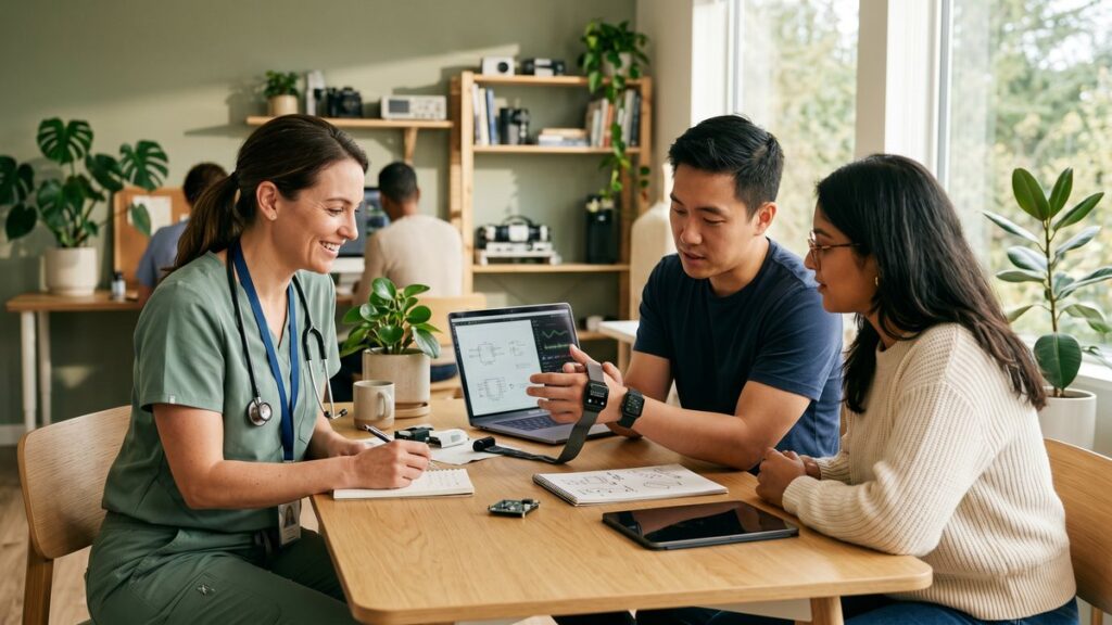 Healthcare practitioner collaborating with engineers reviewing a wearable medical device prototype