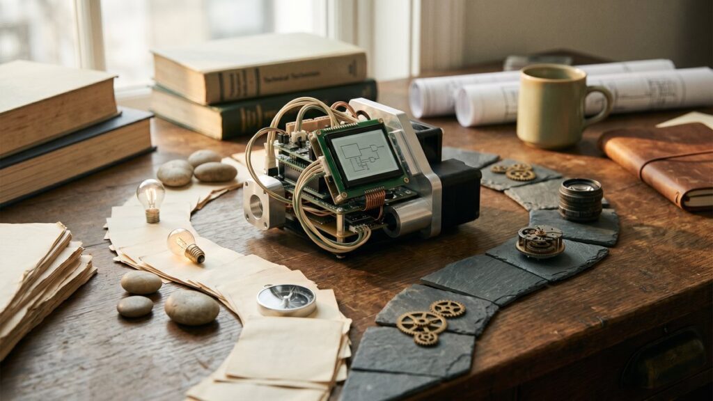 Hardware prototype on a desk surrounded by branching paths representing product development decisions