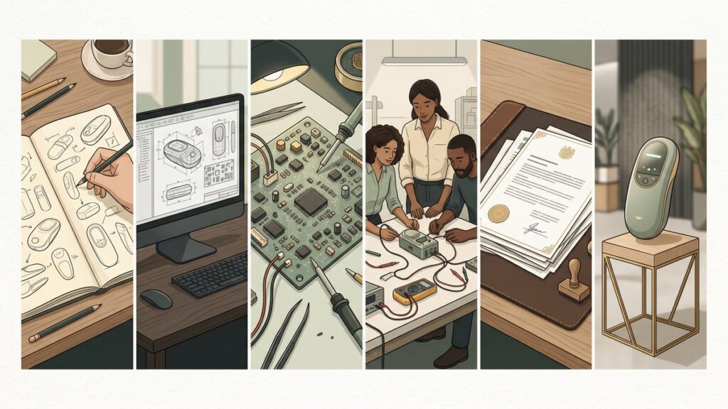 Six stages of hardware product development from concept sketches through prototype to finished retail product