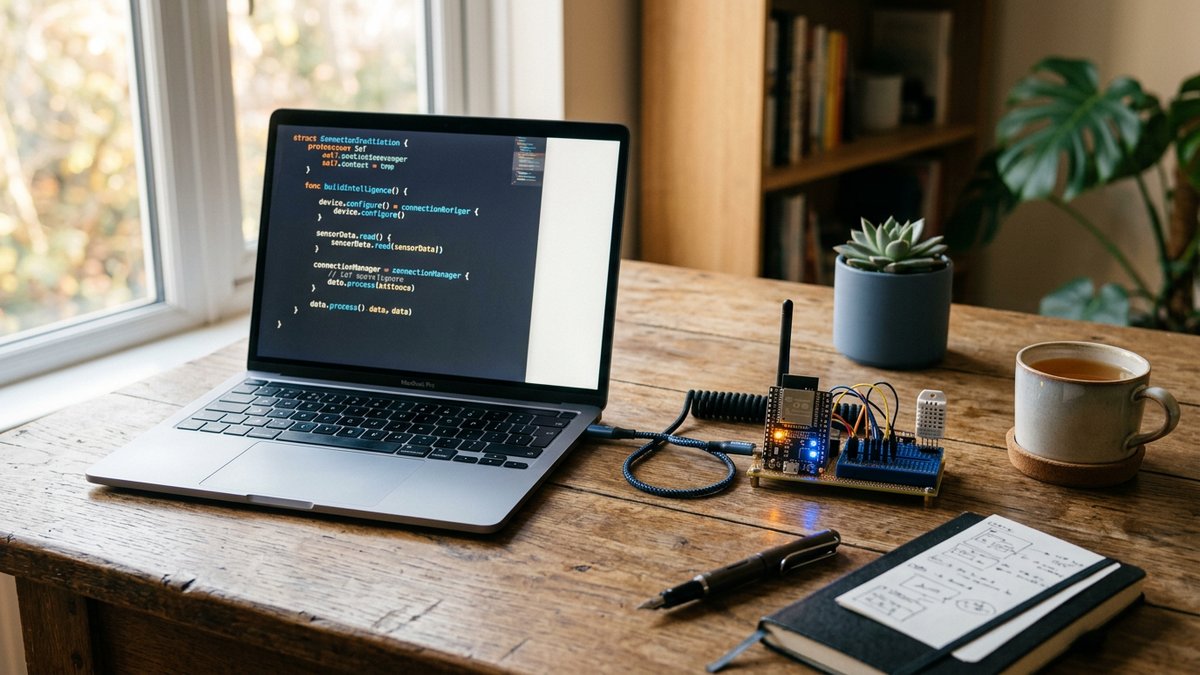 Developer workstation with Swift code and an IoT prototype device on a wooden desk in soft natural light
