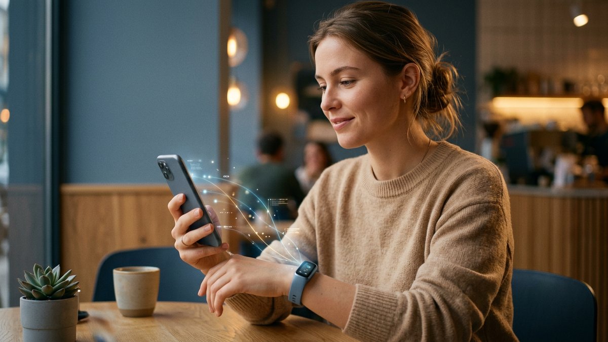 Person holding smartphone with a small connected wearable on their wrist in a warm cafe setting, soft intelligence visualizations flowing between them