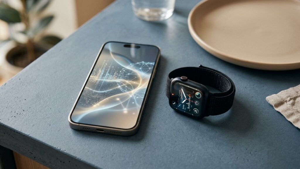 iPhone glowing with on-device AI patterns next to a connected health wearable on a minimal surface
