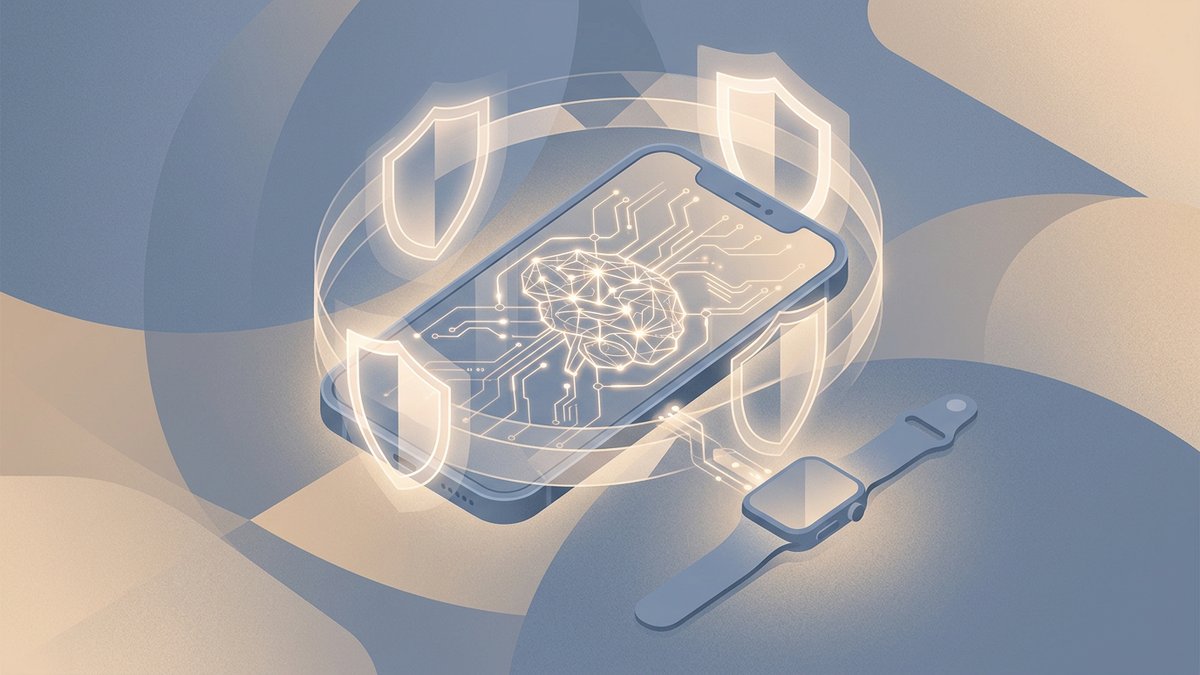 Stylized iPhone showing neural network patterns inside, surrounded by privacy shields and a connected wearable